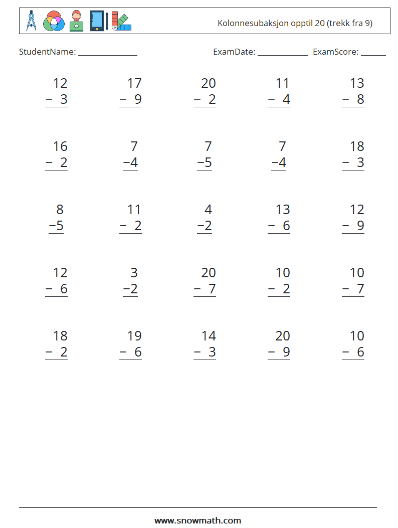 (25) Kolonnesubaksjon opptil 20 (trekk fra 9) MathWorksheets 4