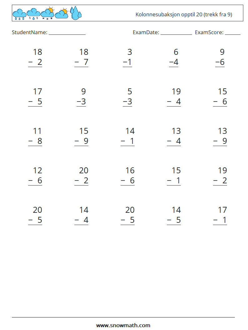 (25) Kolonnesubaksjon opptil 20 (trekk fra 9) MathWorksheets 5