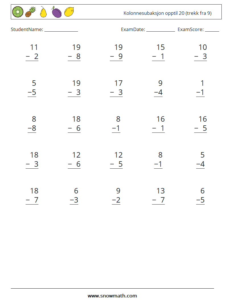 (25) Kolonnesubaksjon opptil 20 (trekk fra 9) MathWorksheets 6
