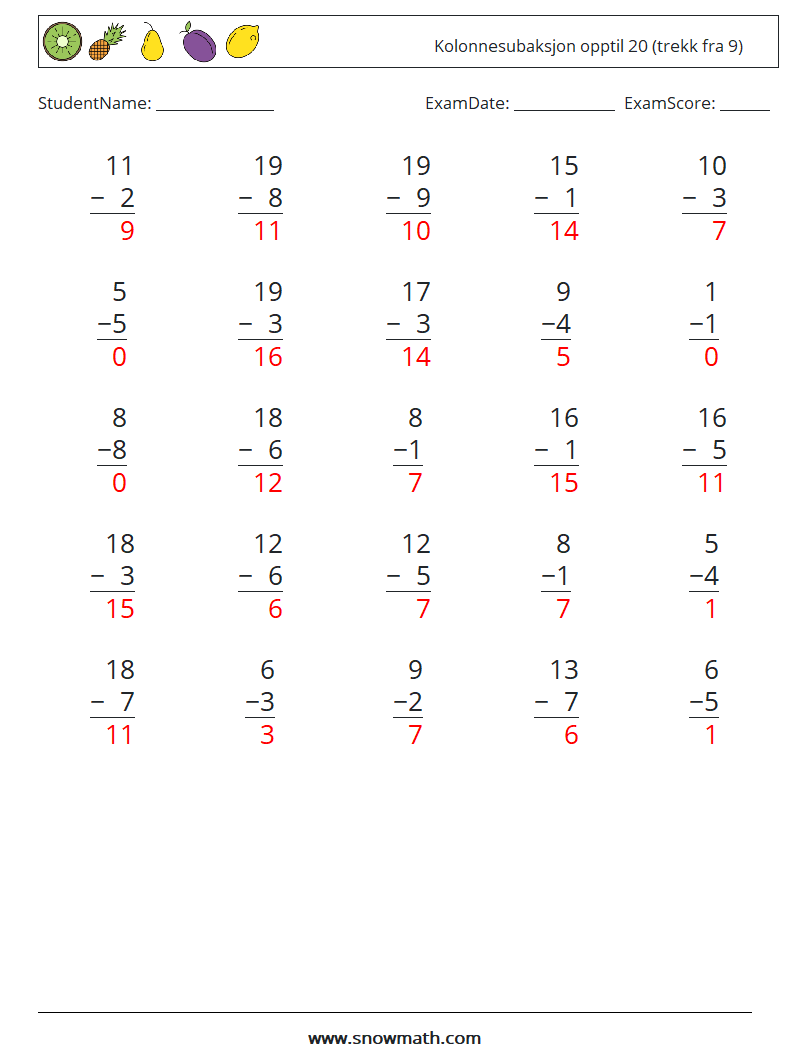 (25) Kolonnesubaksjon opptil 20 (trekk fra 9) MathWorksheets 6 QuestionAnswer