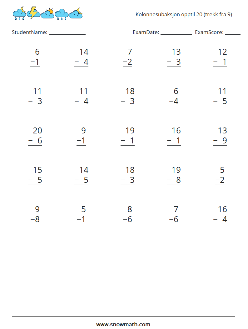 (25) Kolonnesubaksjon opptil 20 (trekk fra 9) MathWorksheets 7