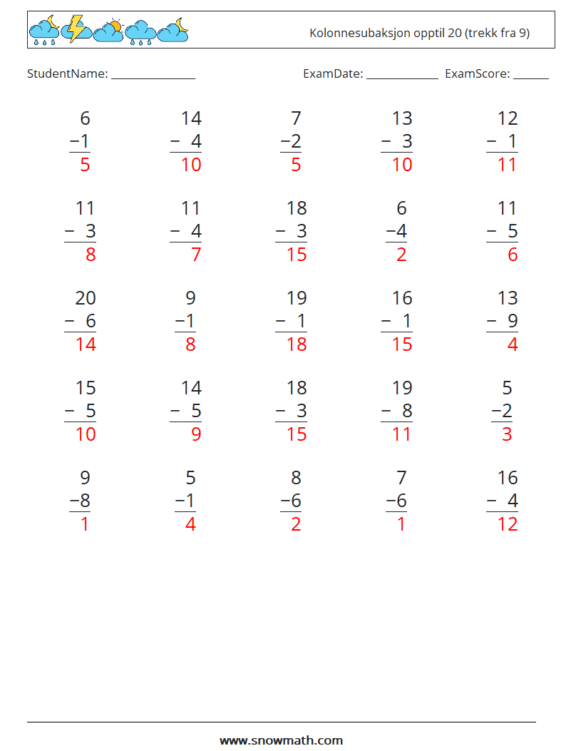 (25) Kolonnesubaksjon opptil 20 (trekk fra 9) MathWorksheets 7 QuestionAnswer