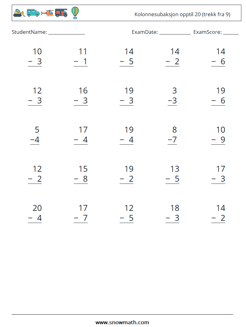 (25) Kolonnesubaksjon opptil 20 (trekk fra 9) MathWorksheets 8