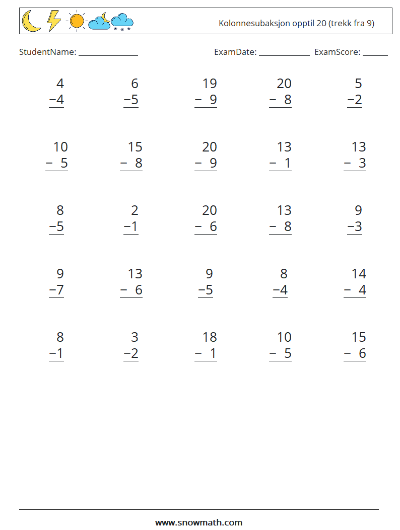 (25) Kolonnesubaksjon opptil 20 (trekk fra 9) MathWorksheets 9