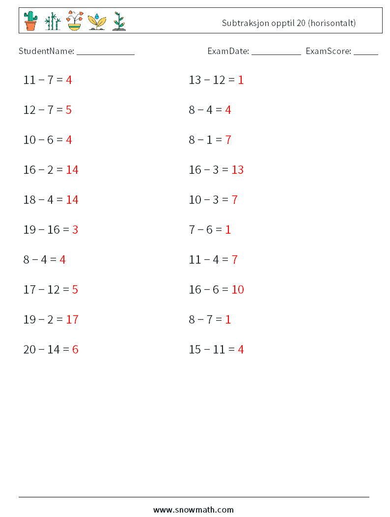 (20) Subtraksjon opptil 20 (horisontalt) MathWorksheets 1 QuestionAnswer