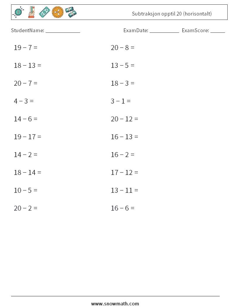 (20) Subtraksjon opptil 20 (horisontalt) MathWorksheets 2