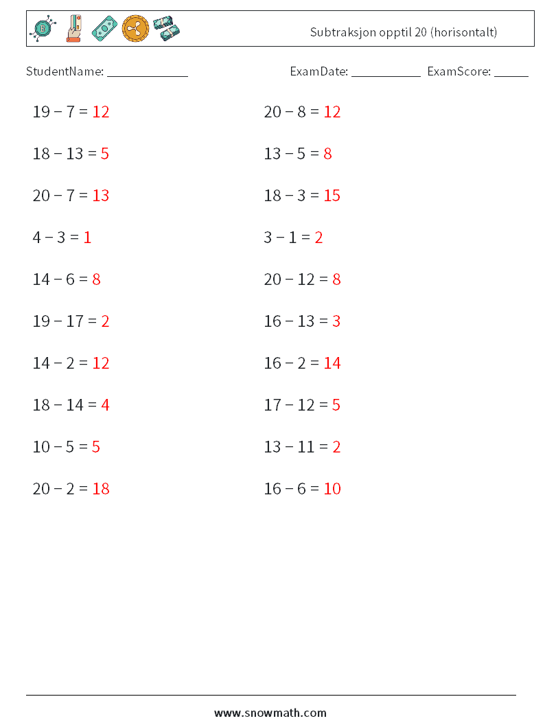 (20) Subtraksjon opptil 20 (horisontalt) MathWorksheets 2 QuestionAnswer
