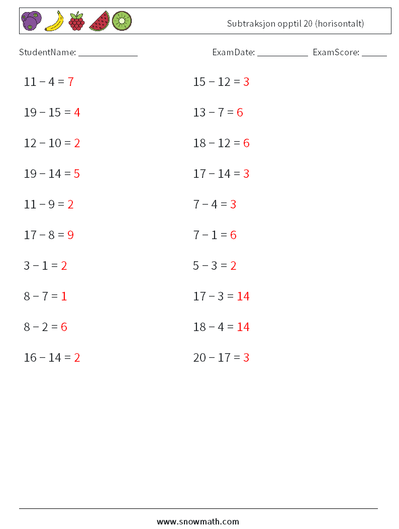 (20) Subtraksjon opptil 20 (horisontalt) MathWorksheets 3 QuestionAnswer