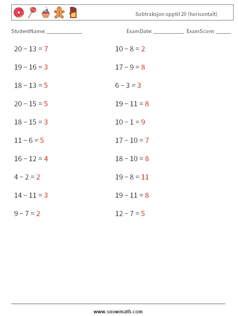 (20) Subtraksjon opptil 20 (horisontalt) MathWorksheets 4 QuestionAnswer