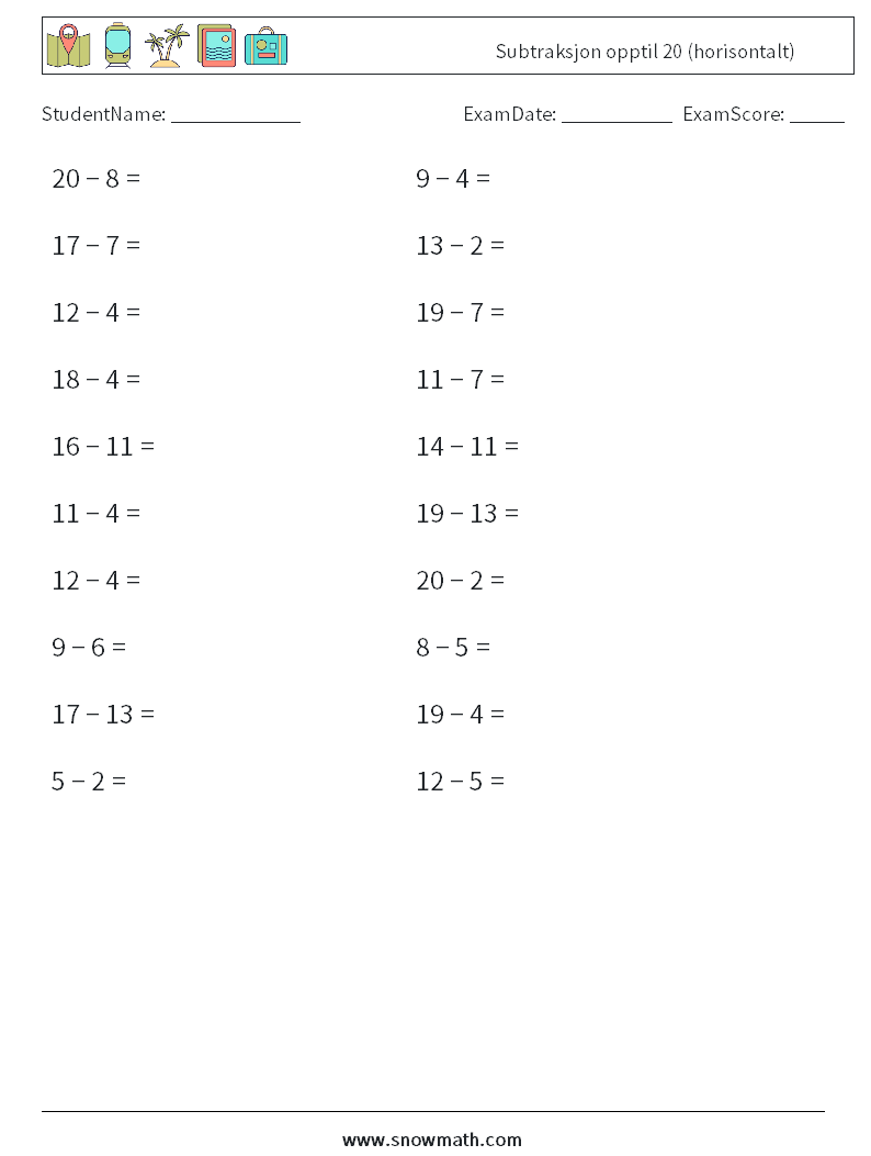 (20) Subtraksjon opptil 20 (horisontalt) MathWorksheets 5