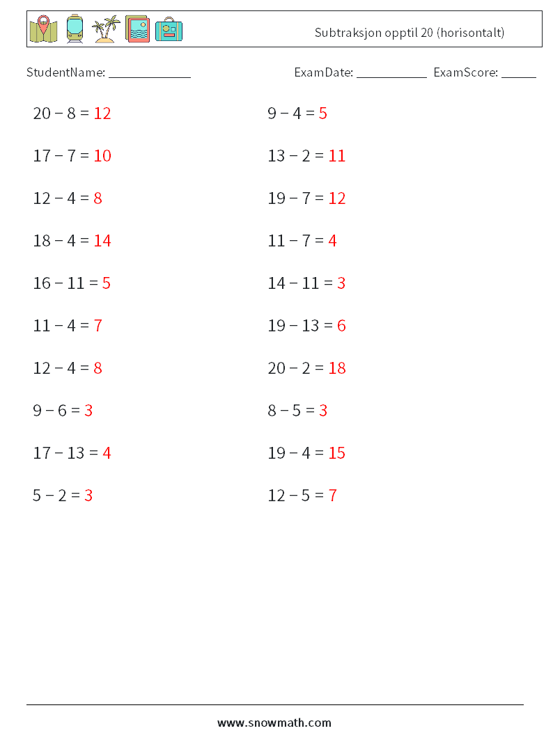 (20) Subtraksjon opptil 20 (horisontalt) MathWorksheets 5 QuestionAnswer