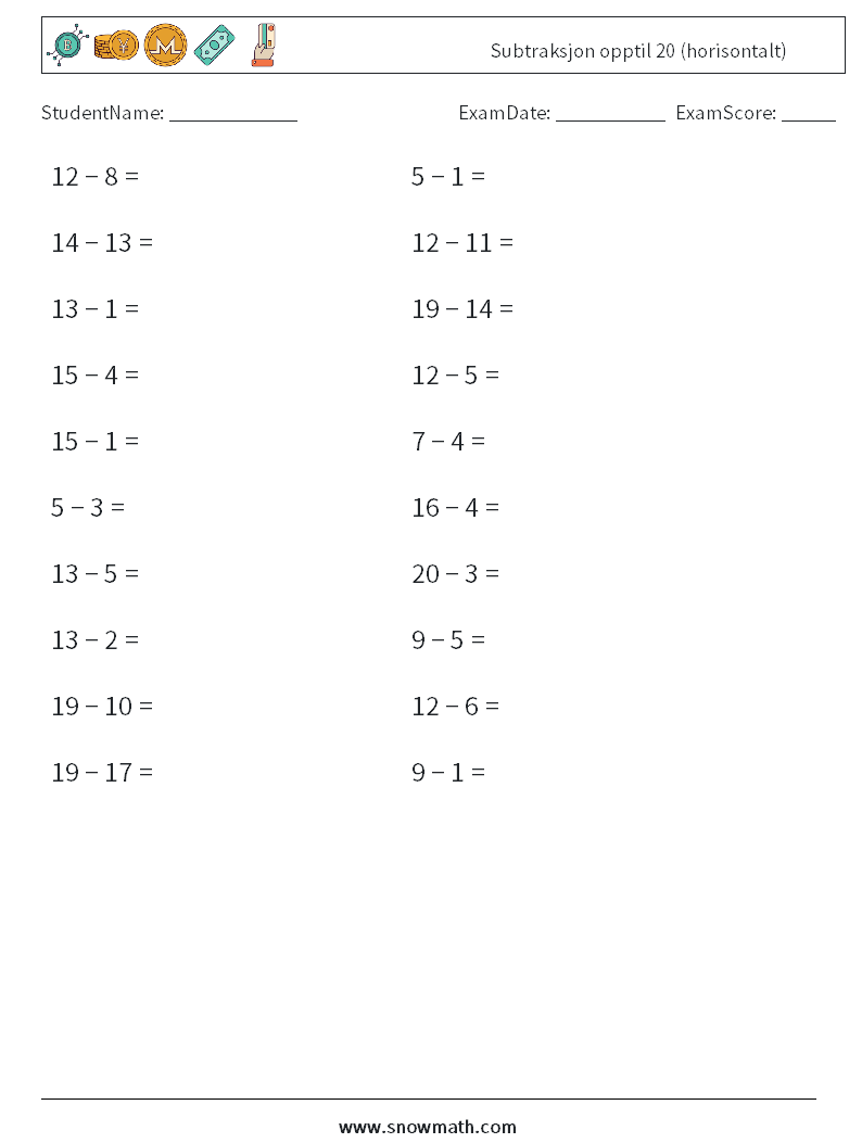 (20) Subtraksjon opptil 20 (horisontalt) MathWorksheets 6