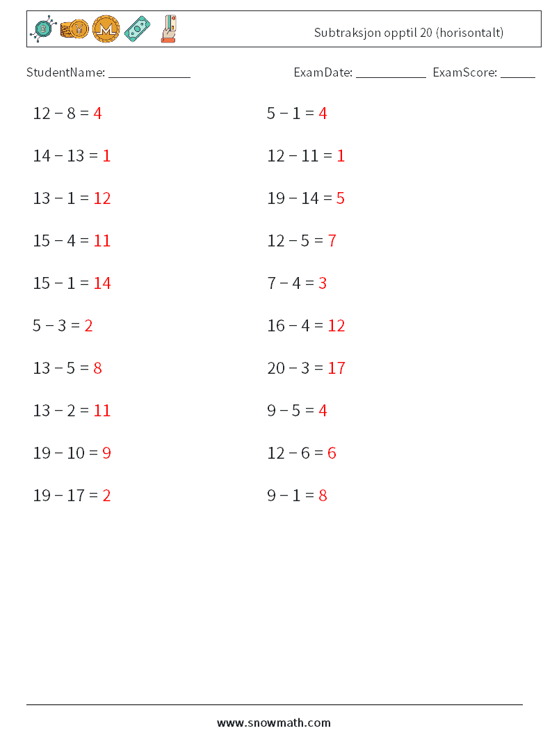 (20) Subtraksjon opptil 20 (horisontalt) MathWorksheets 6 QuestionAnswer