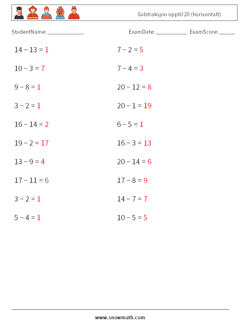 (20) Subtraksjon opptil 20 (horisontalt) MathWorksheets 9 QuestionAnswer