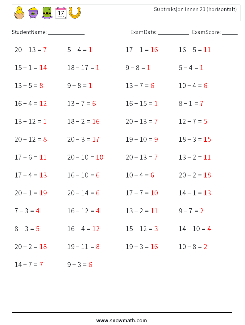 (50) Subtraksjon innen 20 (horisontalt) MathWorksheets 1 QuestionAnswer