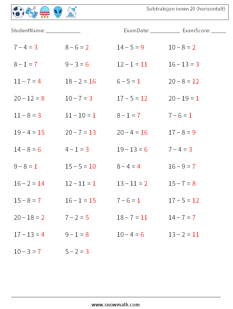 (50) Subtraksjon innen 20 (horisontalt) MathWorksheets 2 QuestionAnswer