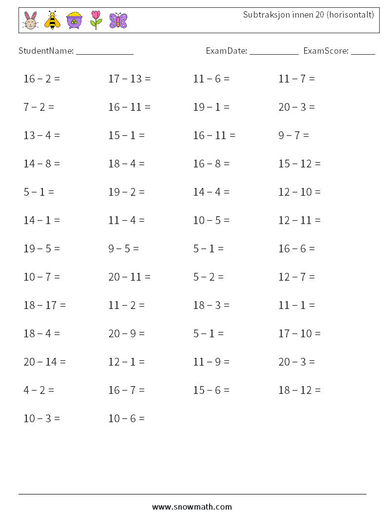 (50) Subtraksjon innen 20 (horisontalt) MathWorksheets 4