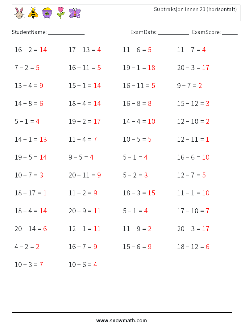 (50) Subtraksjon innen 20 (horisontalt) MathWorksheets 4 QuestionAnswer