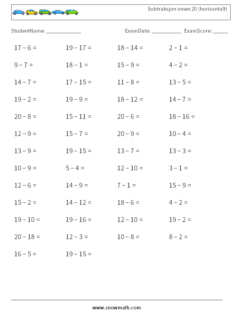 (50) Subtraksjon innen 20 (horisontalt) MathWorksheets 5