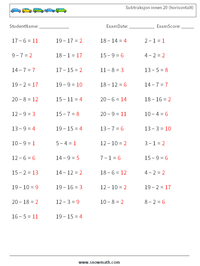 (50) Subtraksjon innen 20 (horisontalt) MathWorksheets 5 QuestionAnswer
