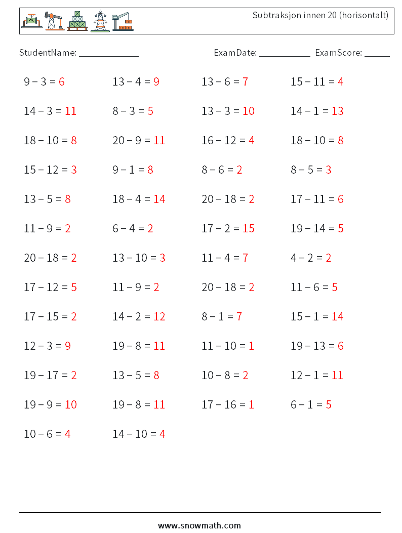 (50) Subtraksjon innen 20 (horisontalt) MathWorksheets 6 QuestionAnswer