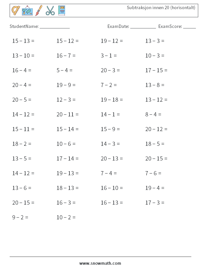 (50) Subtraksjon innen 20 (horisontalt) MathWorksheets 7