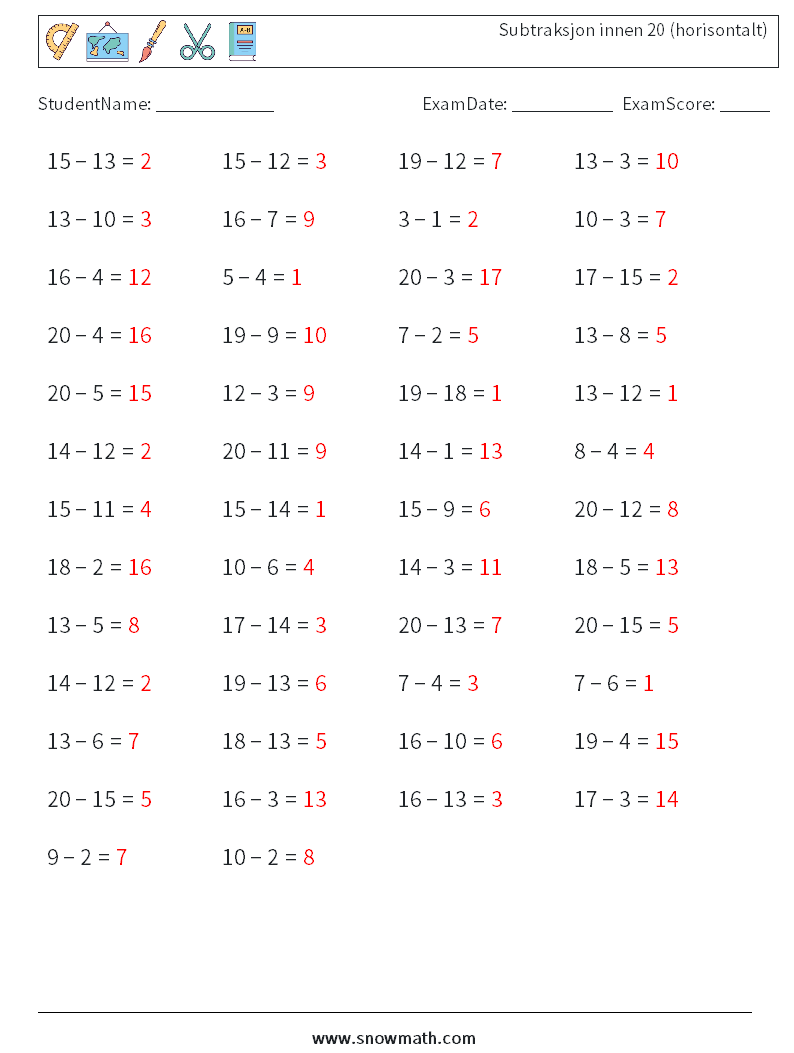 (50) Subtraksjon innen 20 (horisontalt) MathWorksheets 7 QuestionAnswer