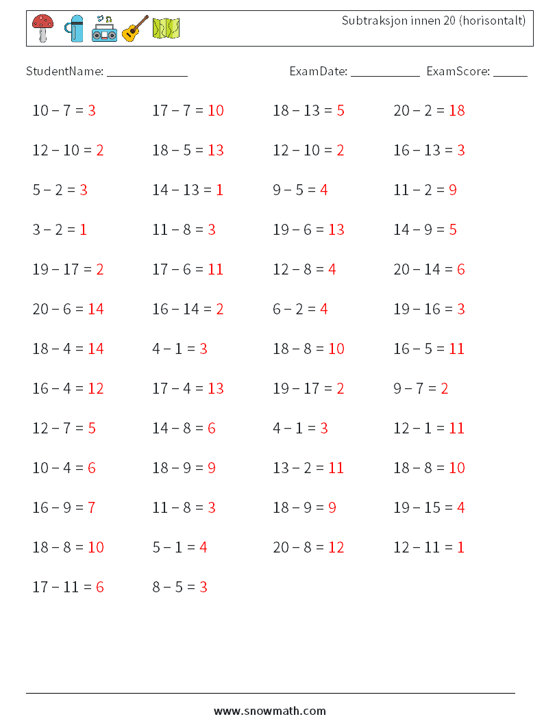 (50) Subtraksjon innen 20 (horisontalt) MathWorksheets 9 QuestionAnswer