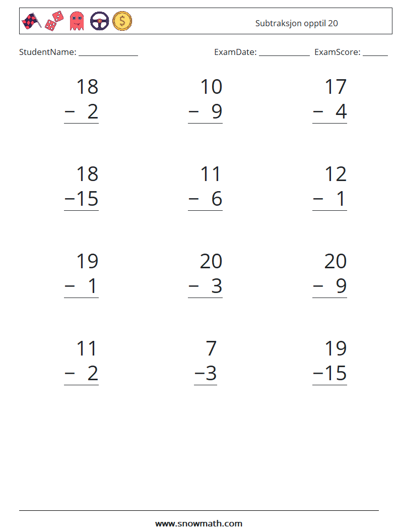 (12) Subtraksjon opptil 20 MathWorksheets 10