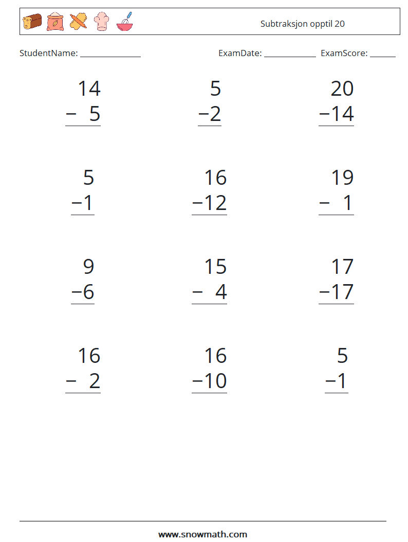(12) Subtraksjon opptil 20 MathWorksheets 11