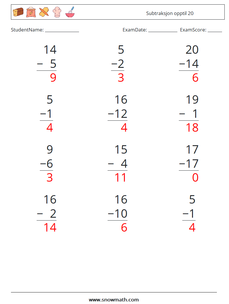 (12) Subtraksjon opptil 20 MathWorksheets 11 QuestionAnswer