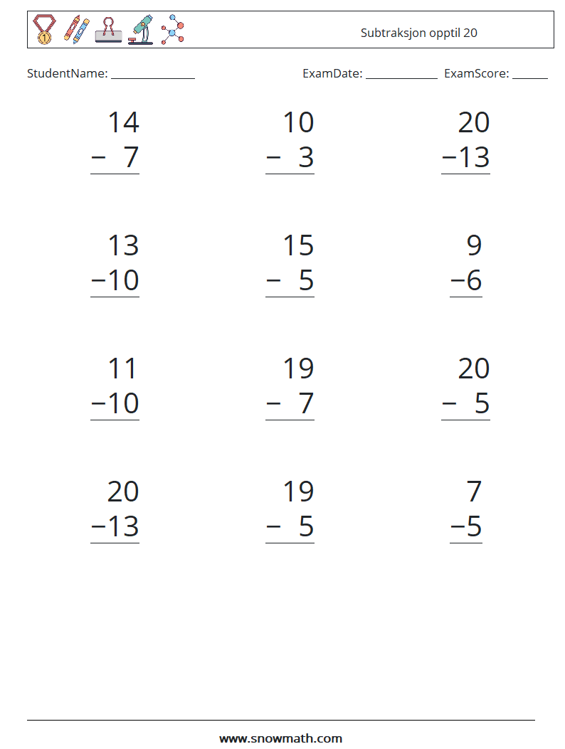 (12) Subtraksjon opptil 20 MathWorksheets 12