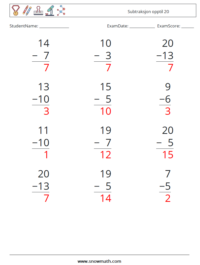 (12) Subtraksjon opptil 20 MathWorksheets 12 QuestionAnswer