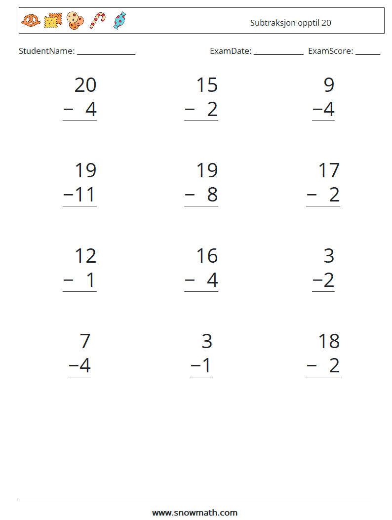 (12) Subtraksjon opptil 20 MathWorksheets 13
