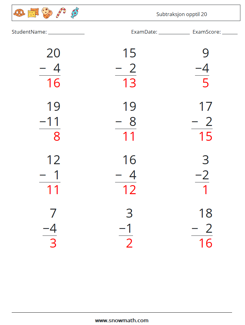 (12) Subtraksjon opptil 20 MathWorksheets 13 QuestionAnswer
