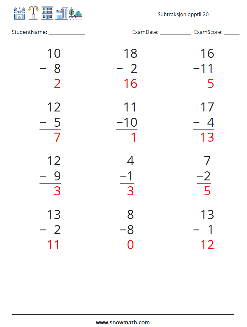 (12) Subtraksjon opptil 20 MathWorksheets 14 QuestionAnswer