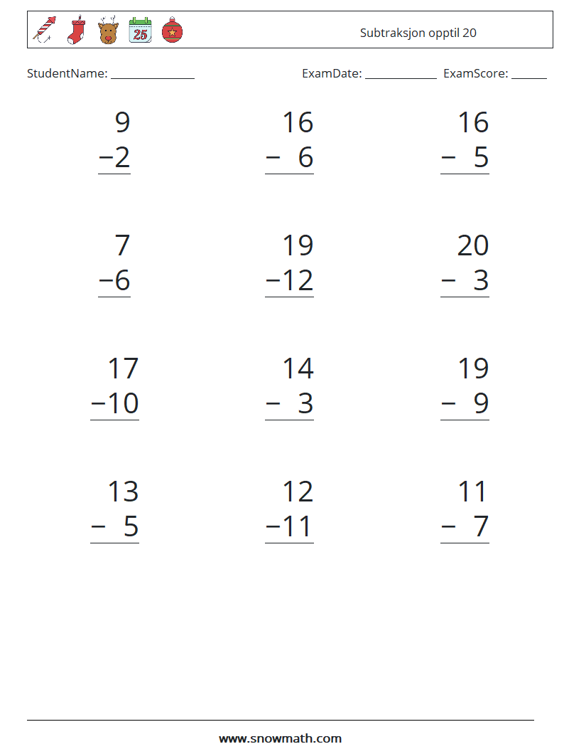 (12) Subtraksjon opptil 20 MathWorksheets 15
