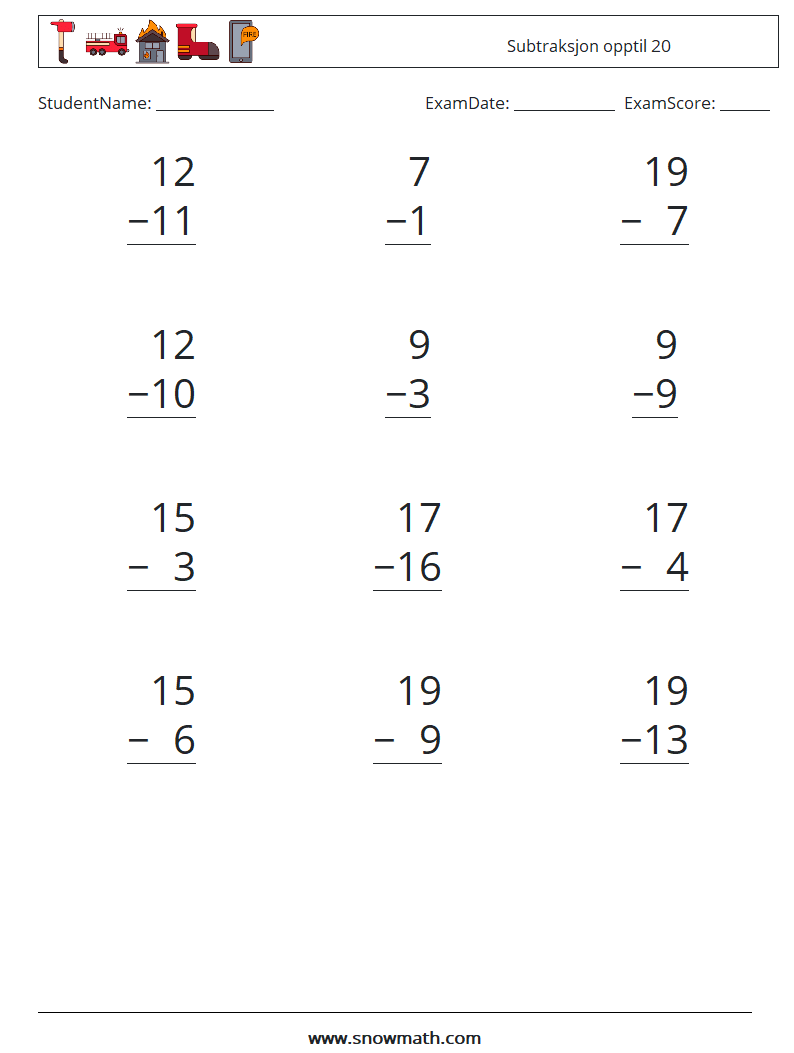(12) Subtraksjon opptil 20 MathWorksheets 16