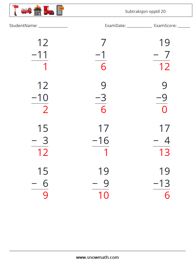 (12) Subtraksjon opptil 20 MathWorksheets 16 QuestionAnswer