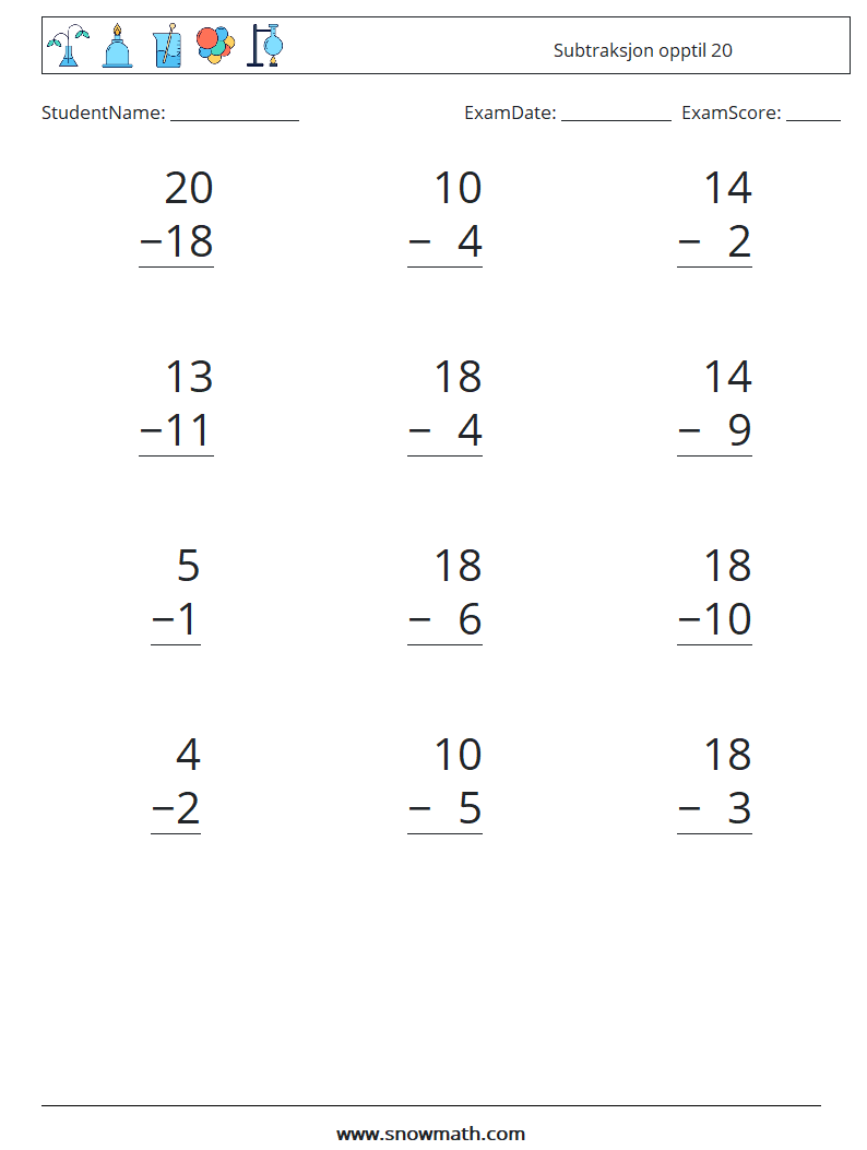 (12) Subtraksjon opptil 20 MathWorksheets 17
