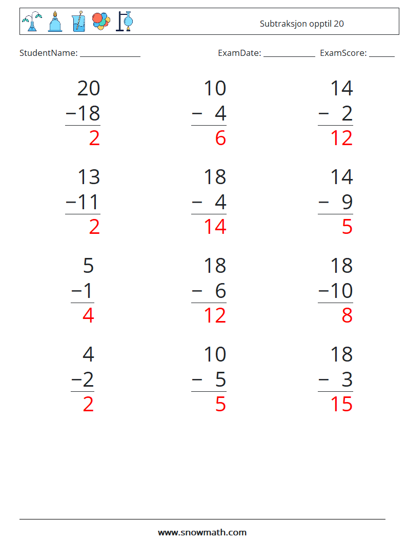 (12) Subtraksjon opptil 20 MathWorksheets 17 QuestionAnswer