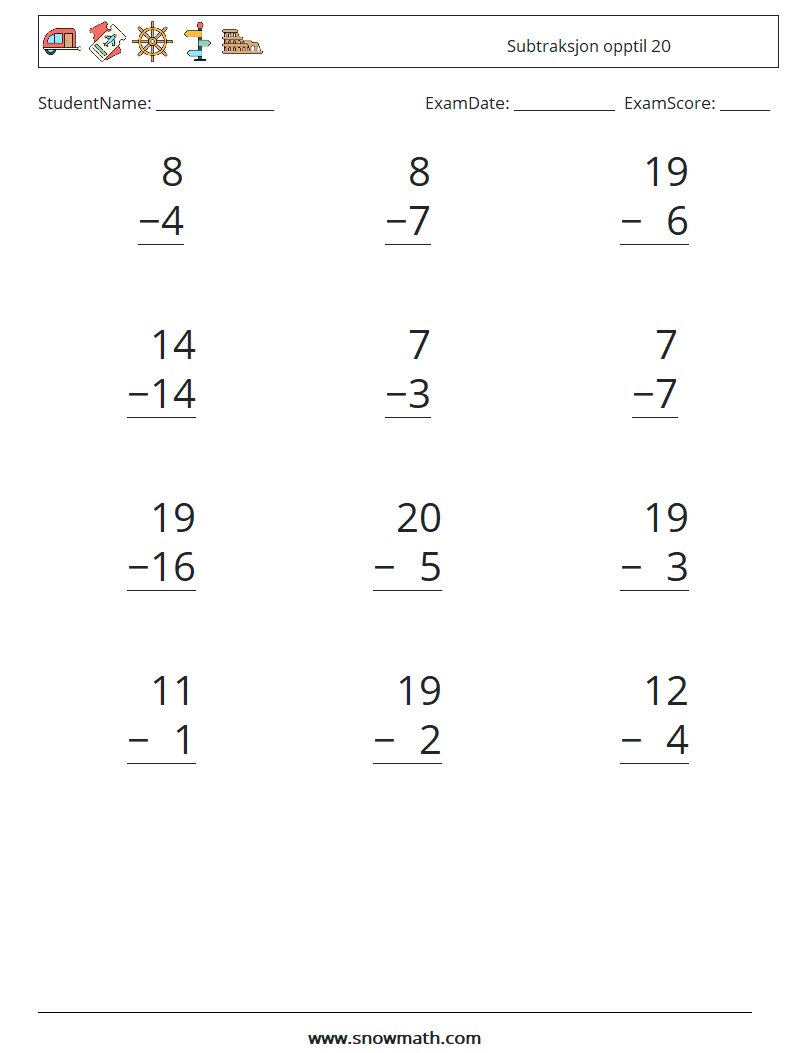 (12) Subtraksjon opptil 20 MathWorksheets 18