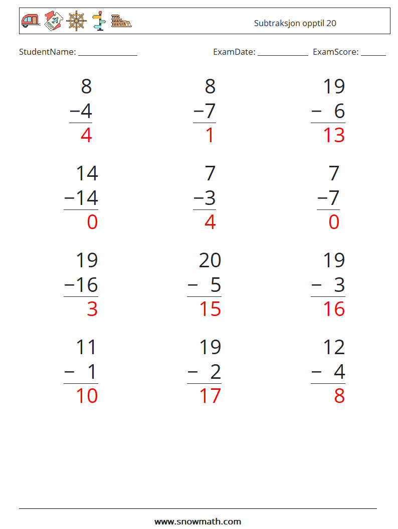 (12) Subtraksjon opptil 20 MathWorksheets 18 QuestionAnswer