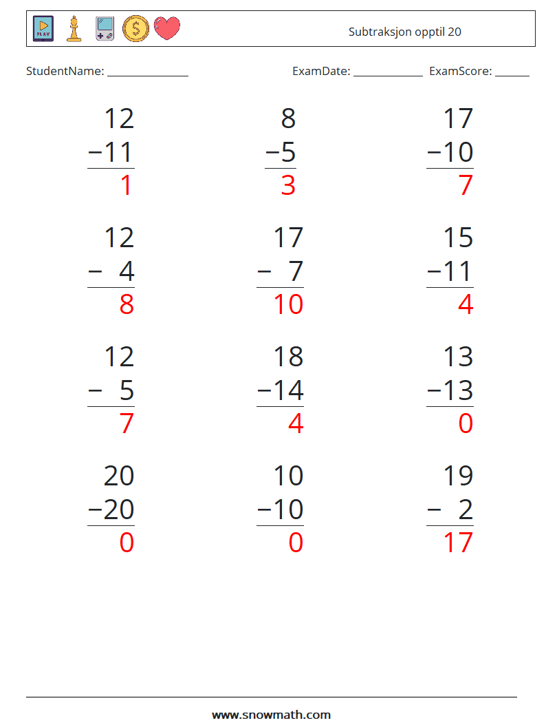 (12) Subtraksjon opptil 20 MathWorksheets 1 QuestionAnswer