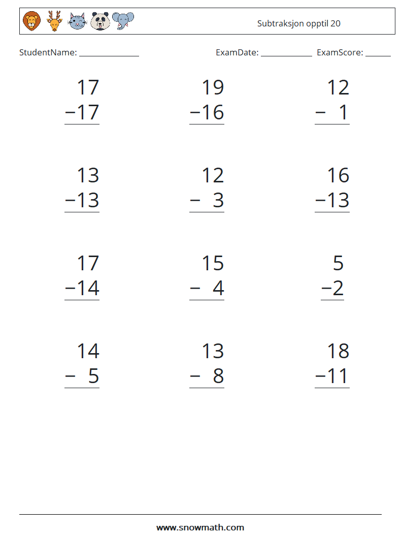 (12) Subtraksjon opptil 20 MathWorksheets 2