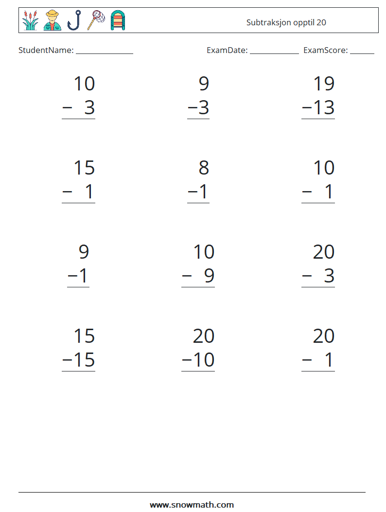 (12) Subtraksjon opptil 20 MathWorksheets 3