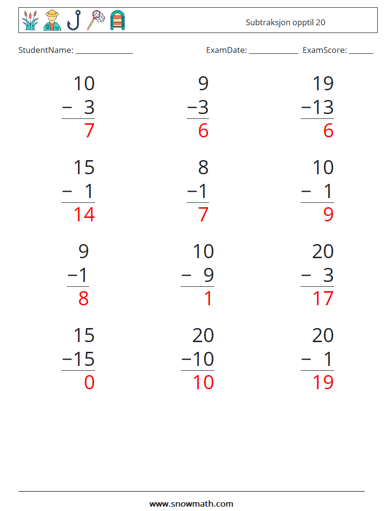 (12) Subtraksjon opptil 20 MathWorksheets 3 QuestionAnswer