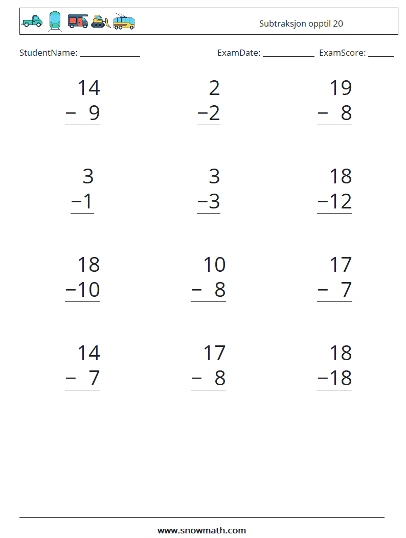 (12) Subtraksjon opptil 20 MathWorksheets 4