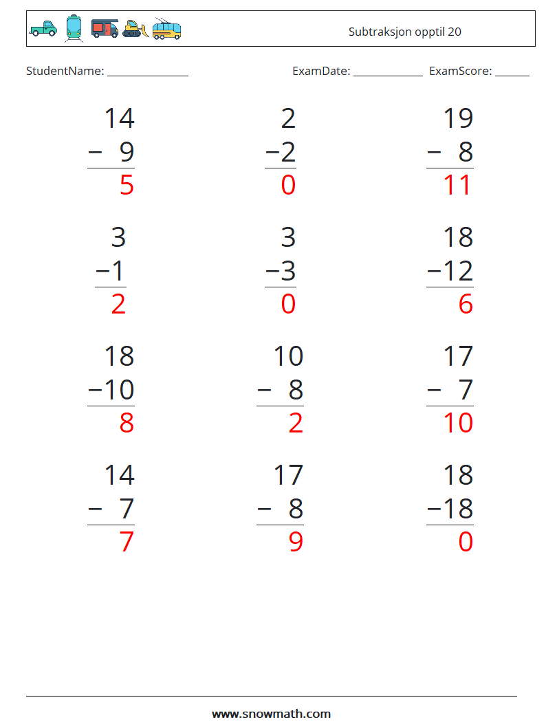 (12) Subtraksjon opptil 20 MathWorksheets 4 QuestionAnswer