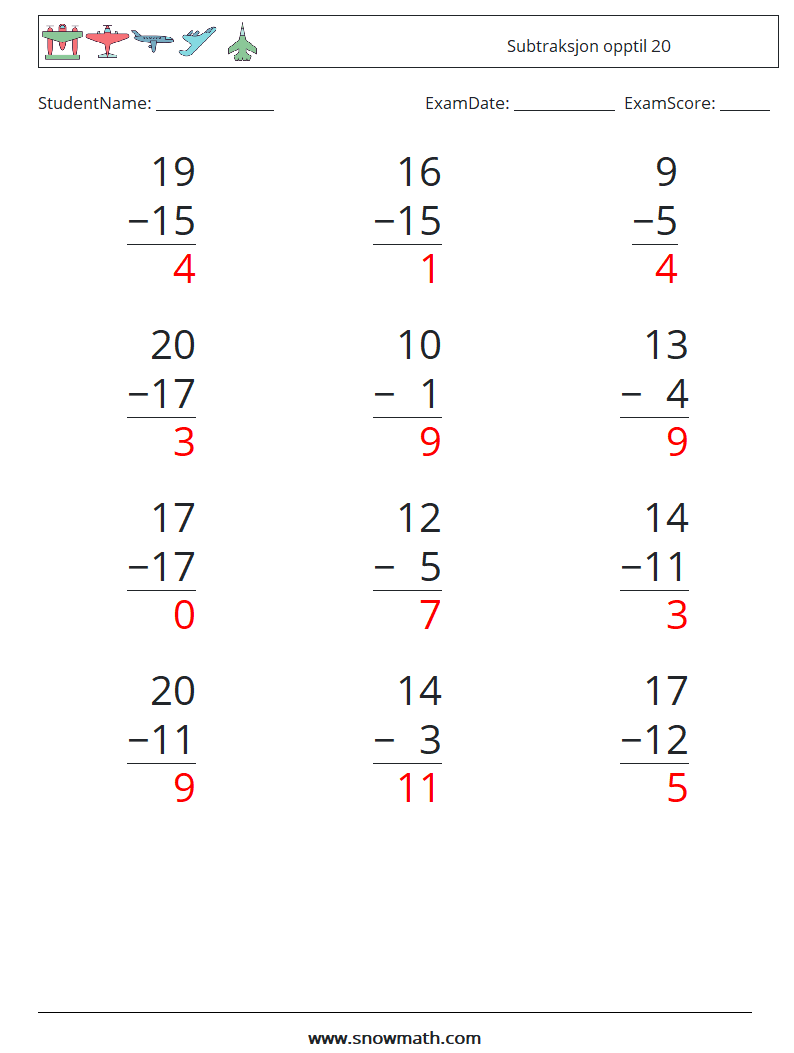 (12) Subtraksjon opptil 20 MathWorksheets 5 QuestionAnswer